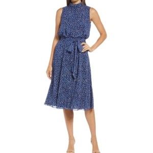 NWT Harper Rose Midi Dots Dress Blue Belted Sleeveless Mockneck Women’s Size 12